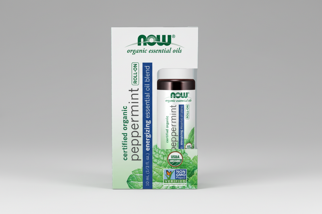 NOW Organic Essential Oils peppermint roll-on bottle packaging on a white background
