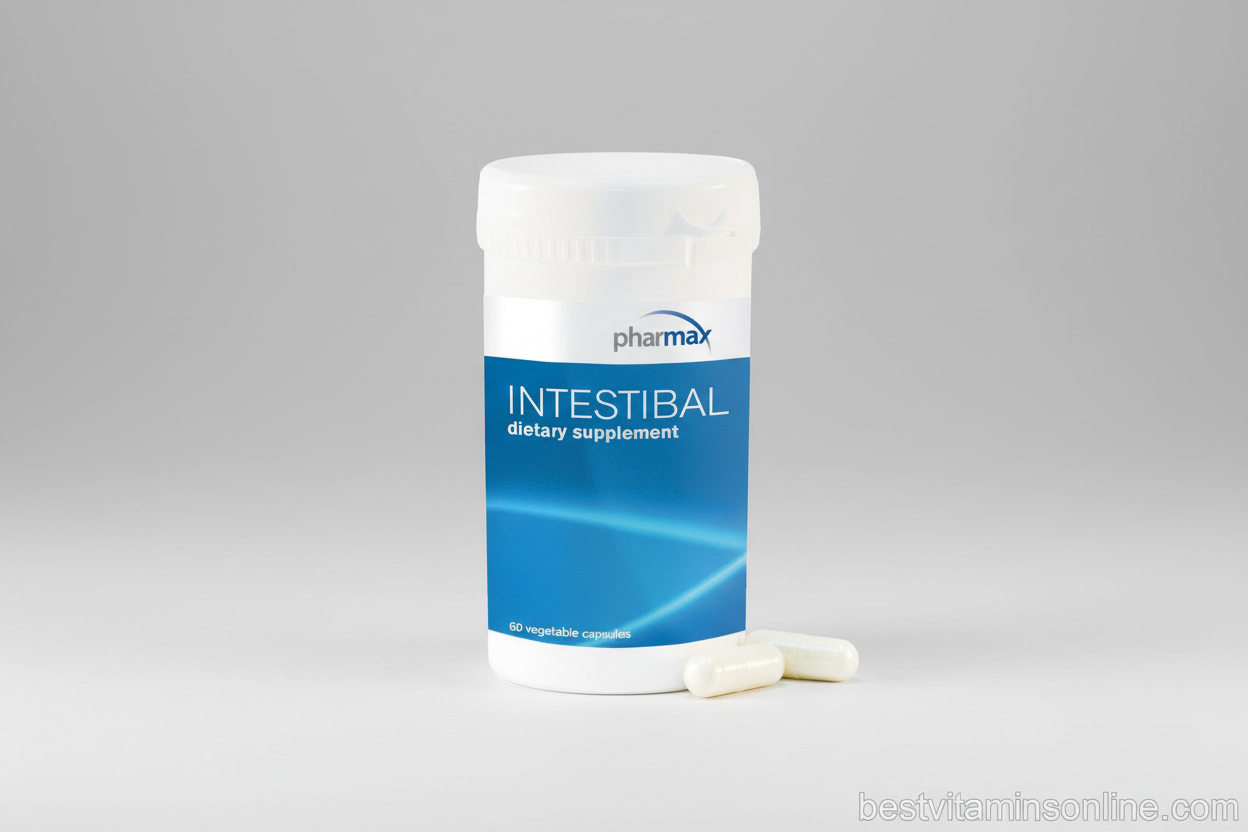 Pharmax Intestibal dietary supplement packaging with two capsules on a white background