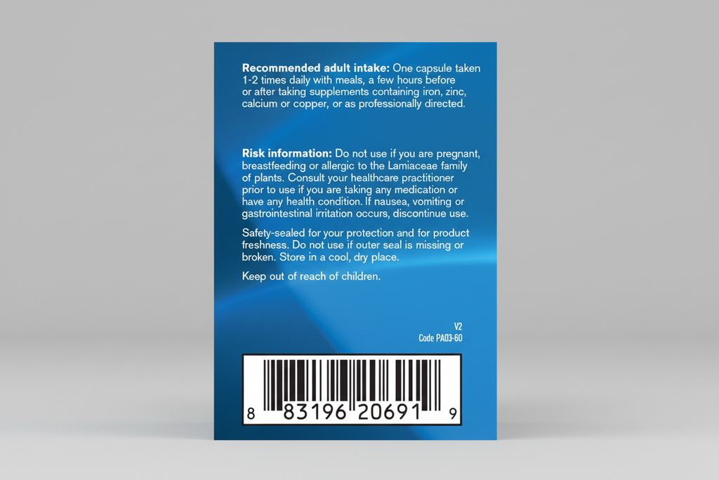 Supplement label with text and barcode on a blue background