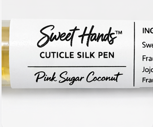 Cuticle silk pen labeled 'Sweet Hands' with 'Pink Sugar Coconut' flavor on a white background
