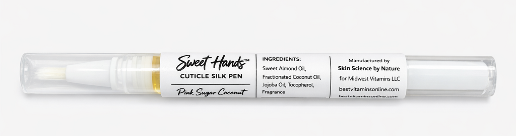Sweet Hands cuticle silk pen with ingredients listed on a white background