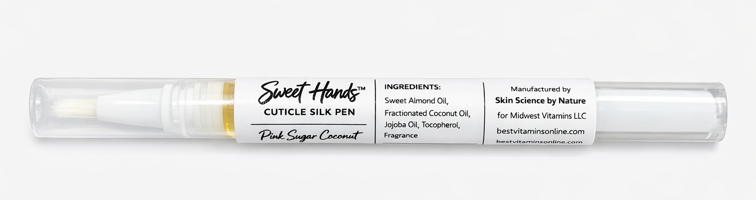 Sweet Hands cuticle silk pen with ingredients listed on a white background