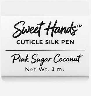 Sweet Hands cuticle silk pen packaging with 'Pink Sugar Coconut' flavor on a white background