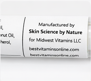 Vitamin product label with 'Skin Science by Nature' and 'Midwest Vitamins LLC' branding.