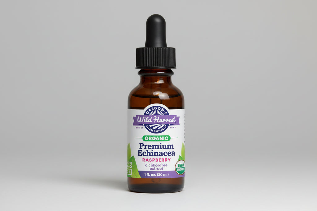 Bottle of Oregon's Wild Harvest Organic Premium Echinacea Raspberry extract on a white background