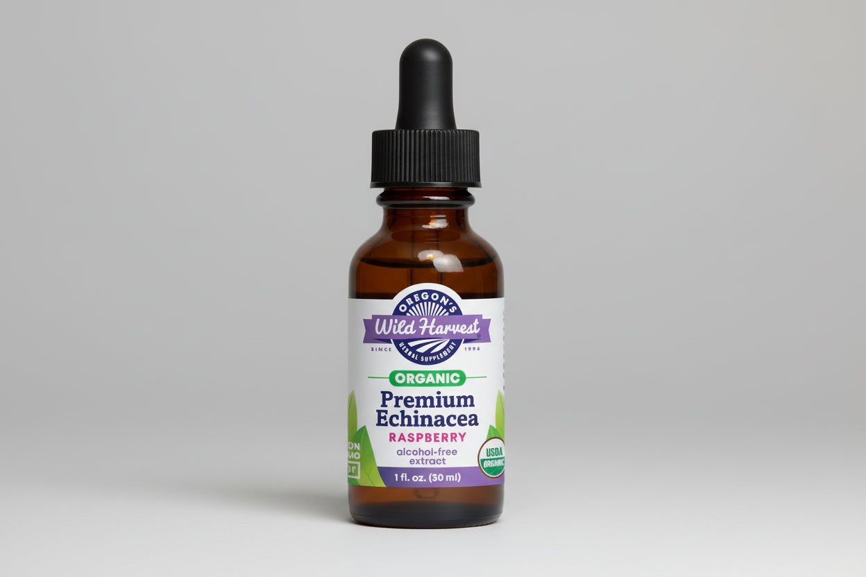 Bottle of Oregon's Wild Harvest Organic Premium Echinacea Raspberry extract on a white background
