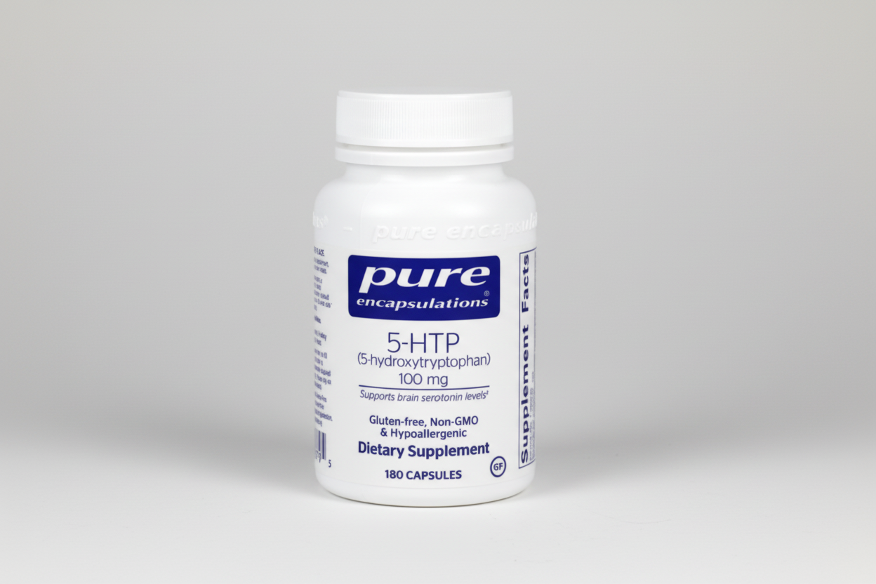 Supplement bottle labeled 'pure encapsulations' with 5-HTP on a white background