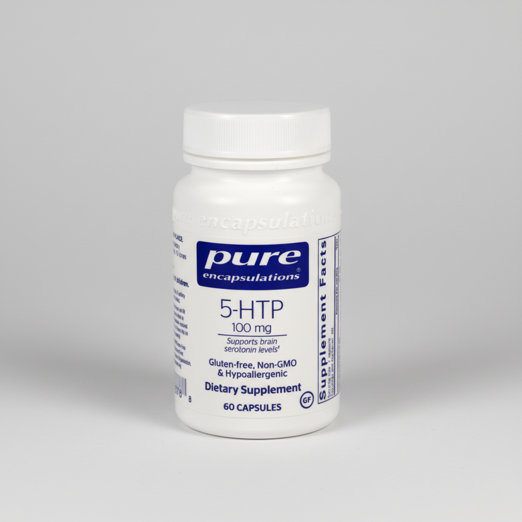 White supplement bottle labeled 'pure encapsulations 5-HTP 100 mg' on a white background