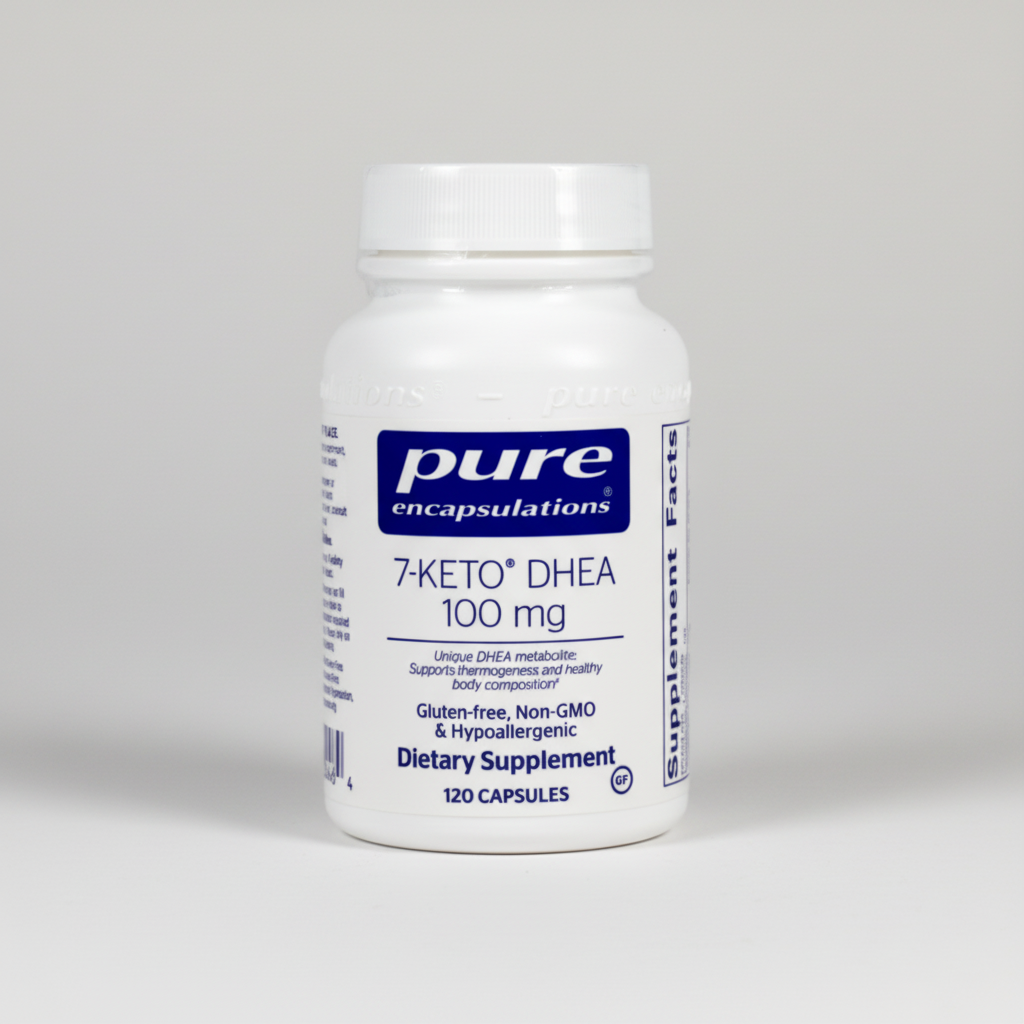 Supplement bottle labeled 'pure encapsulations 7-Keto DHEA 100 mg' on a white background