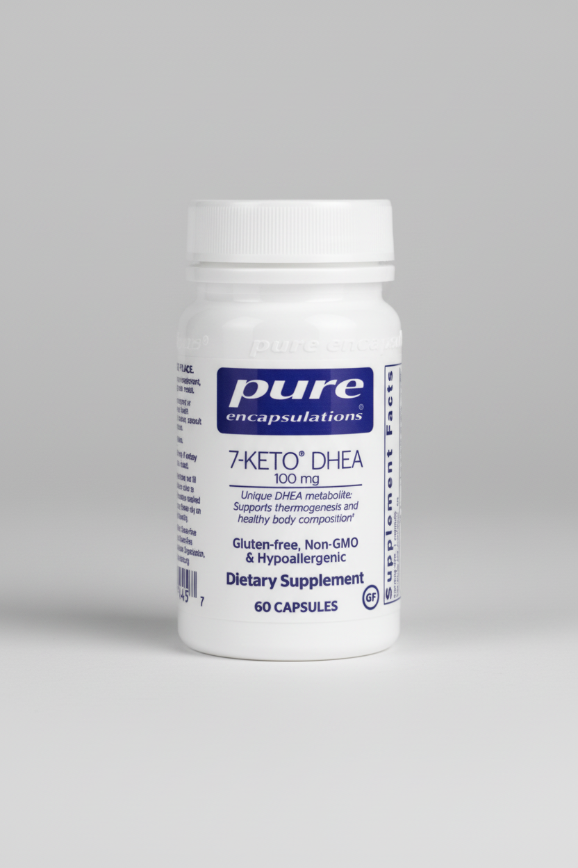 Supplement bottle labeled 'pure encapsulations 7-Keto DHEA' on a white background