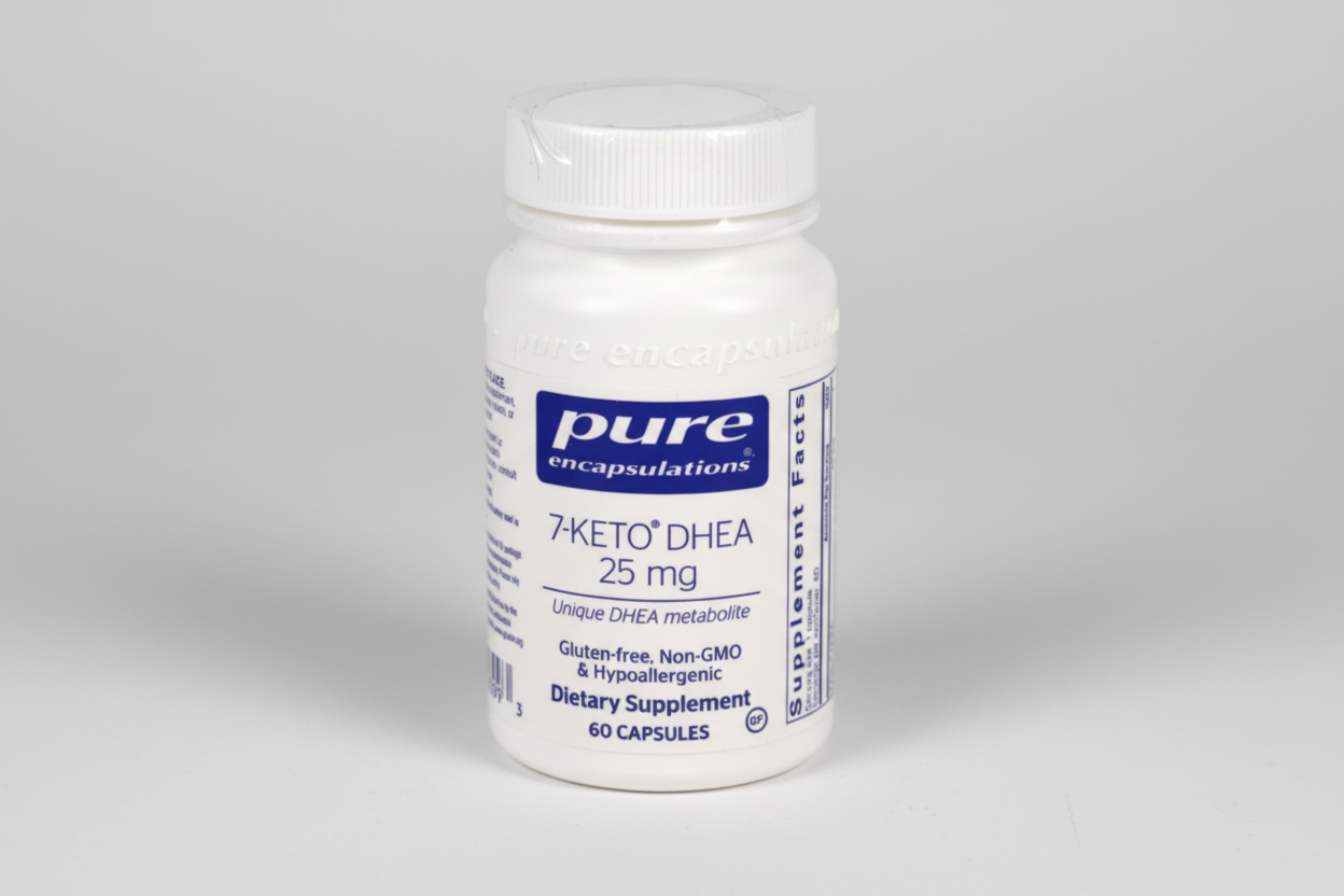 White supplement bottle labeled 'pure encapsulations 7-Keto DHEA 25 mg' on a white background