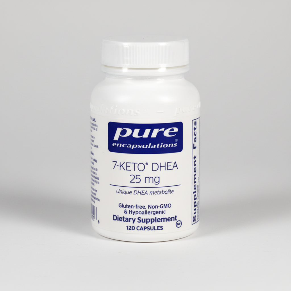 Supplement bottle labeled 'pure encapsulations 7-Keto DHEA 25 mg' on a white background