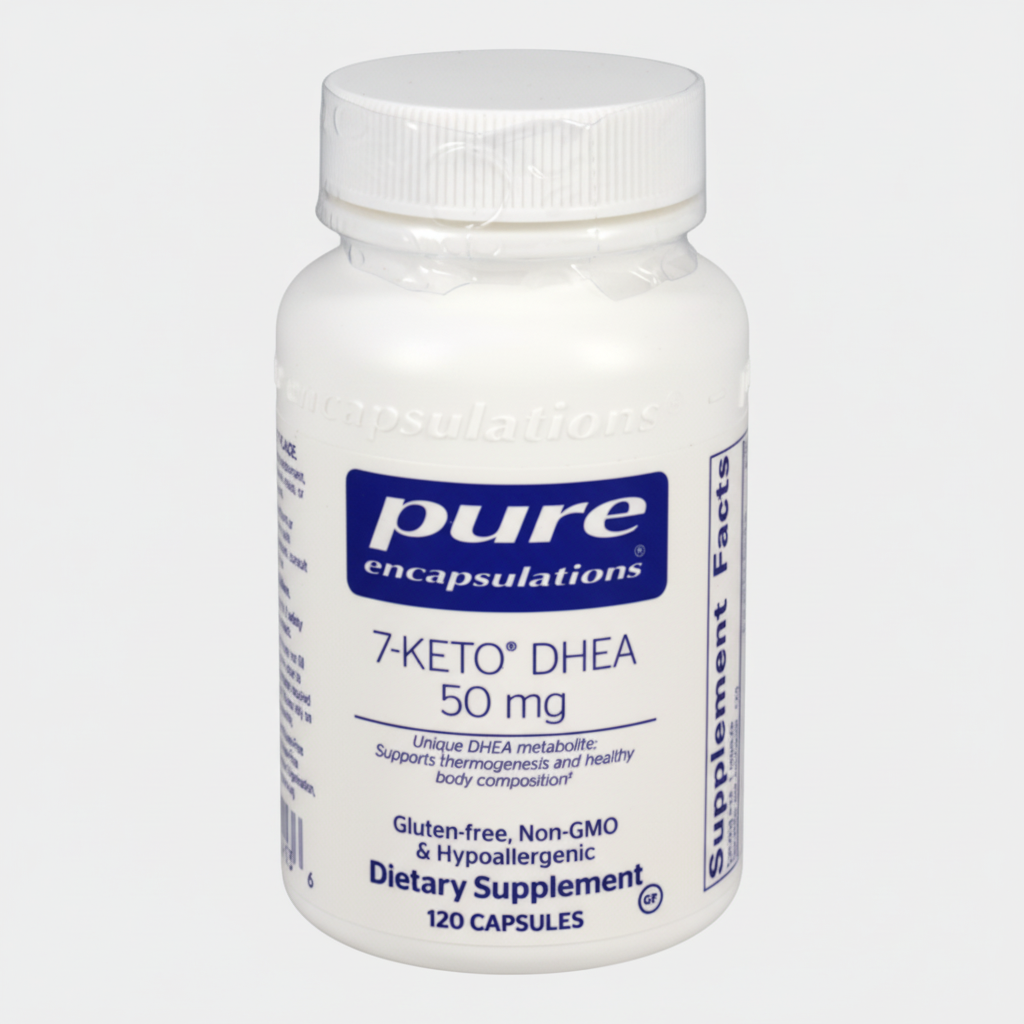 Supplement bottle labeled 'pure encapsulations 7-Keto DHEA 50 mg' on a white background