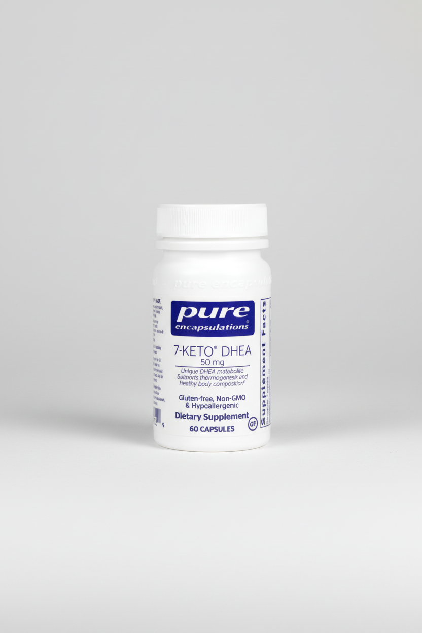 Supplement bottle labeled 'pure encapsulations 7-Keto DHEA' on a white background
