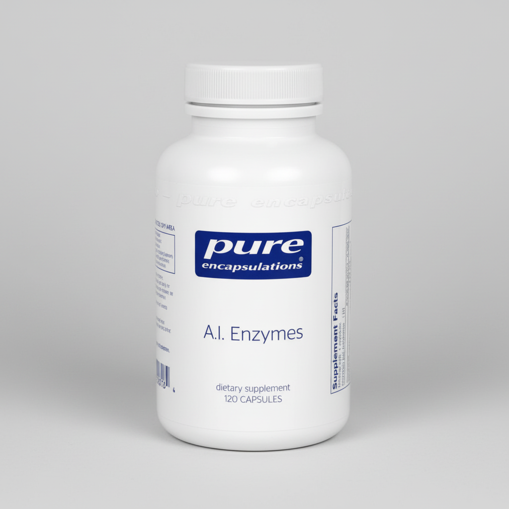 White supplement bottle labeled 'pure encapsulations A.I. Enzymes' on a white background