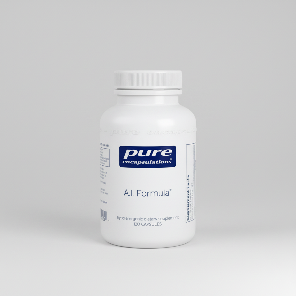 White supplement bottle labeled 'pure encapsulations A.I. Formula' on a white background