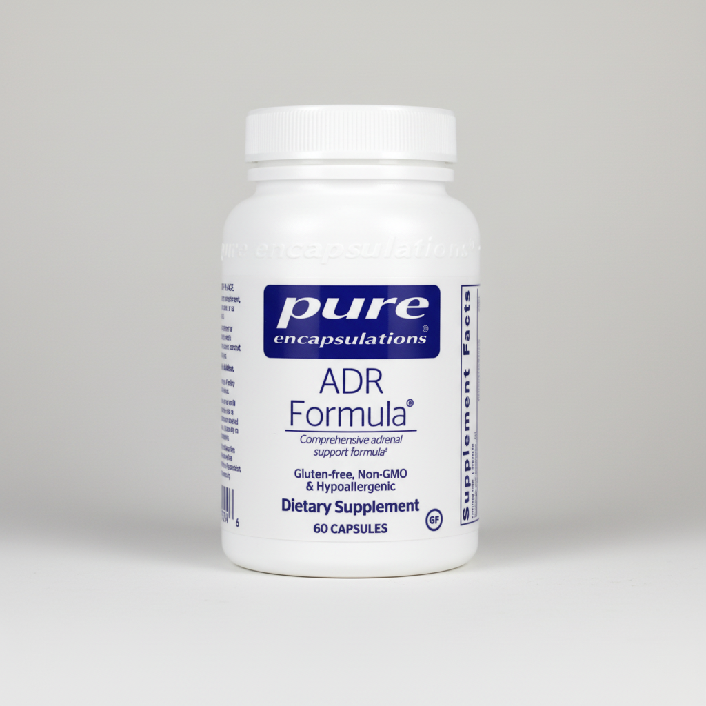White supplement bottle labeled 'ADR Formula' by pure encapsulations on a white background