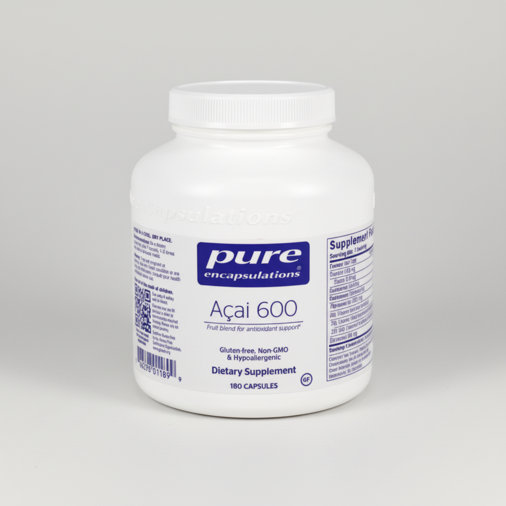 White supplement container labeled 'pure encapsulations Acai 600' on a white background