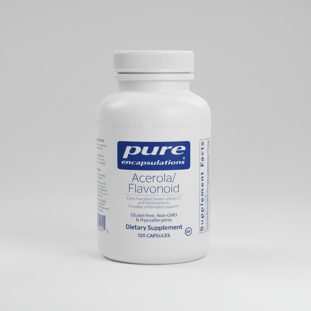 White supplement bottle labeled 'pure encapsulations' on a white background