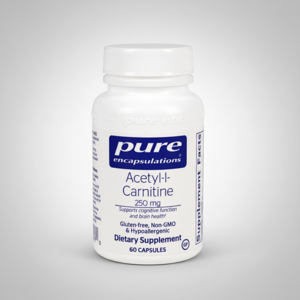 Supplement bottle labeled 'pure encapsulations Acetyl-L-Carnitine' on a white background