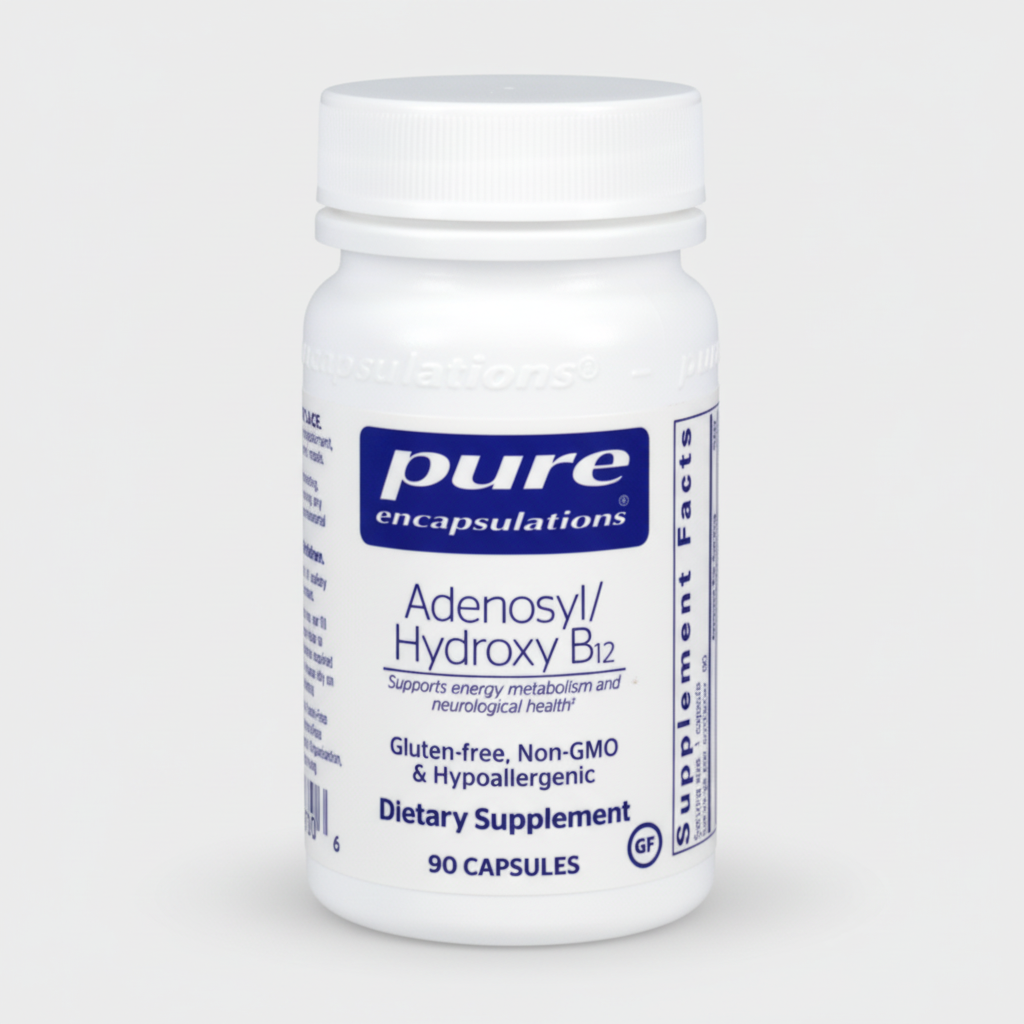 Supplement bottle labeled 'pure encapsulations Adenosyl/Hydroxy B12' on a white background