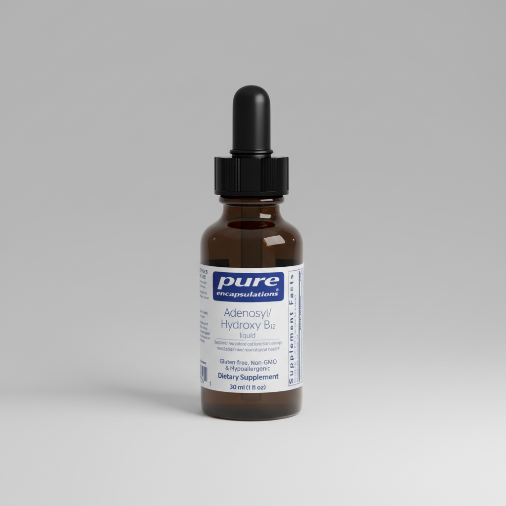Brown glass bottle with dropper labeled 'pure encapsulations' on a white background
