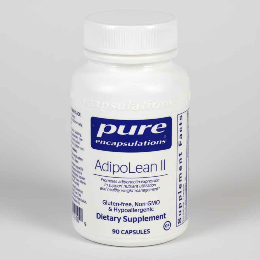 Supplement bottle labeled 'AdipoLean II' by pure encapsulations on a white background