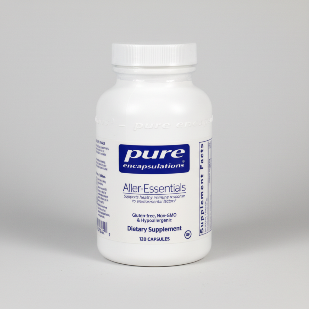 White supplement bottle labeled 'pure encapsulations Aller-Essentials' on a white background