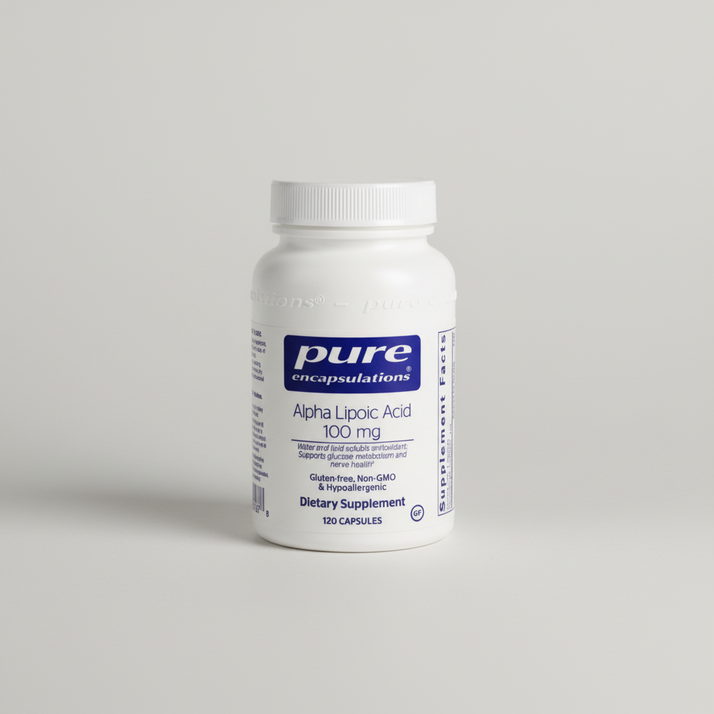 Supplement bottle labeled 'pure encapsulations' with Alpha Lipoic Acid on a white background