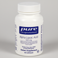 Supplement bottle labeled 'pure encapsulations Alpha Lipoic Acid 100 mg' on a white background
