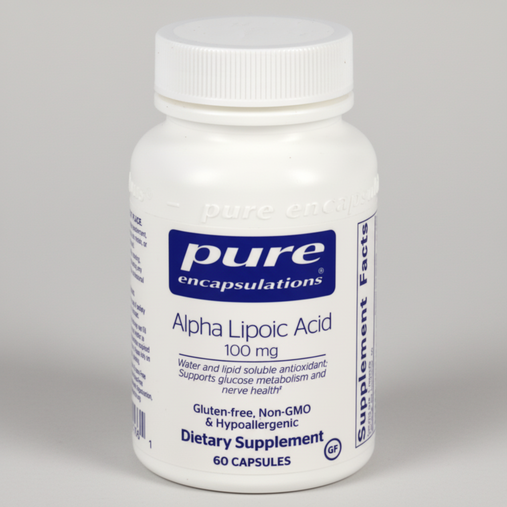 Supplement bottle labeled 'pure encapsulations Alpha Lipoic Acid 100 mg' on a white background
