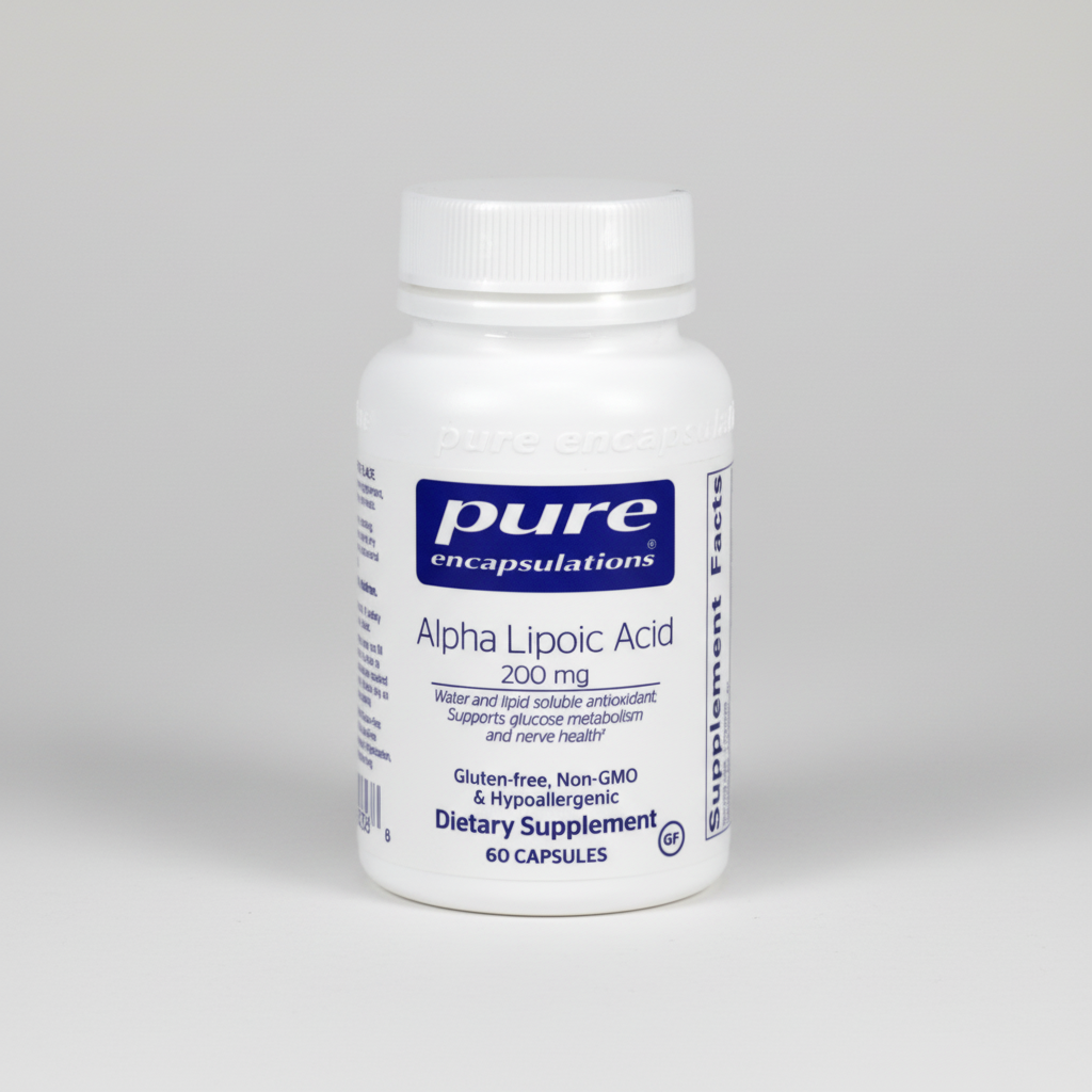 Supplement bottle of Alpha Lipoic Acid 200 mg by pure encapsulations on a white background