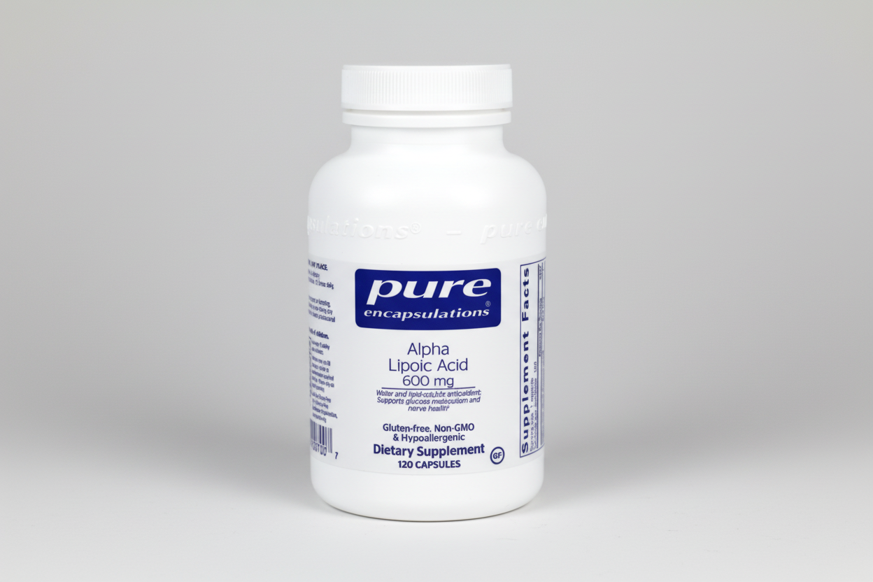 Supplement bottle labeled 'pure encapsulations' on a white background