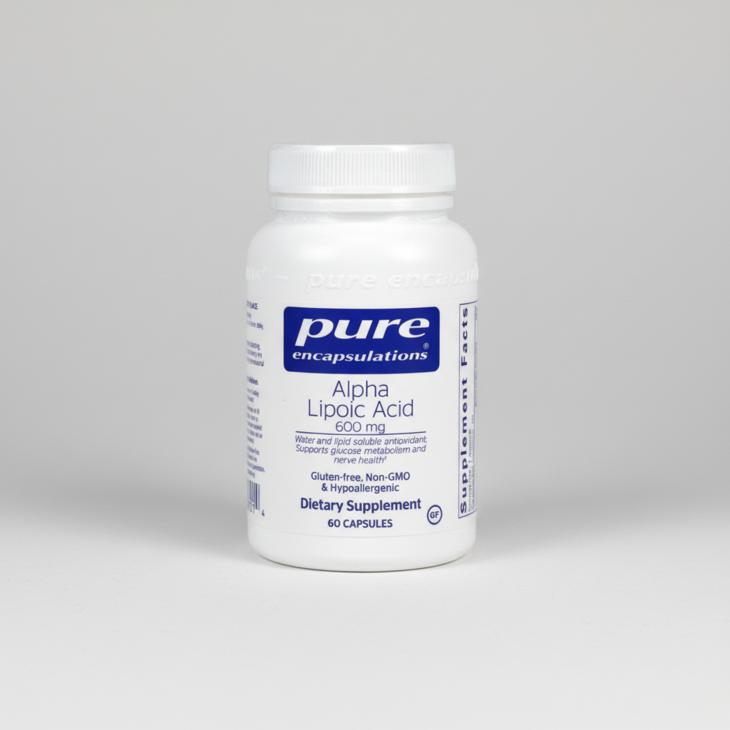 Supplement bottle labeled 'pure encapsulations Alpha Lipoic Acid 500 mg' on a white background