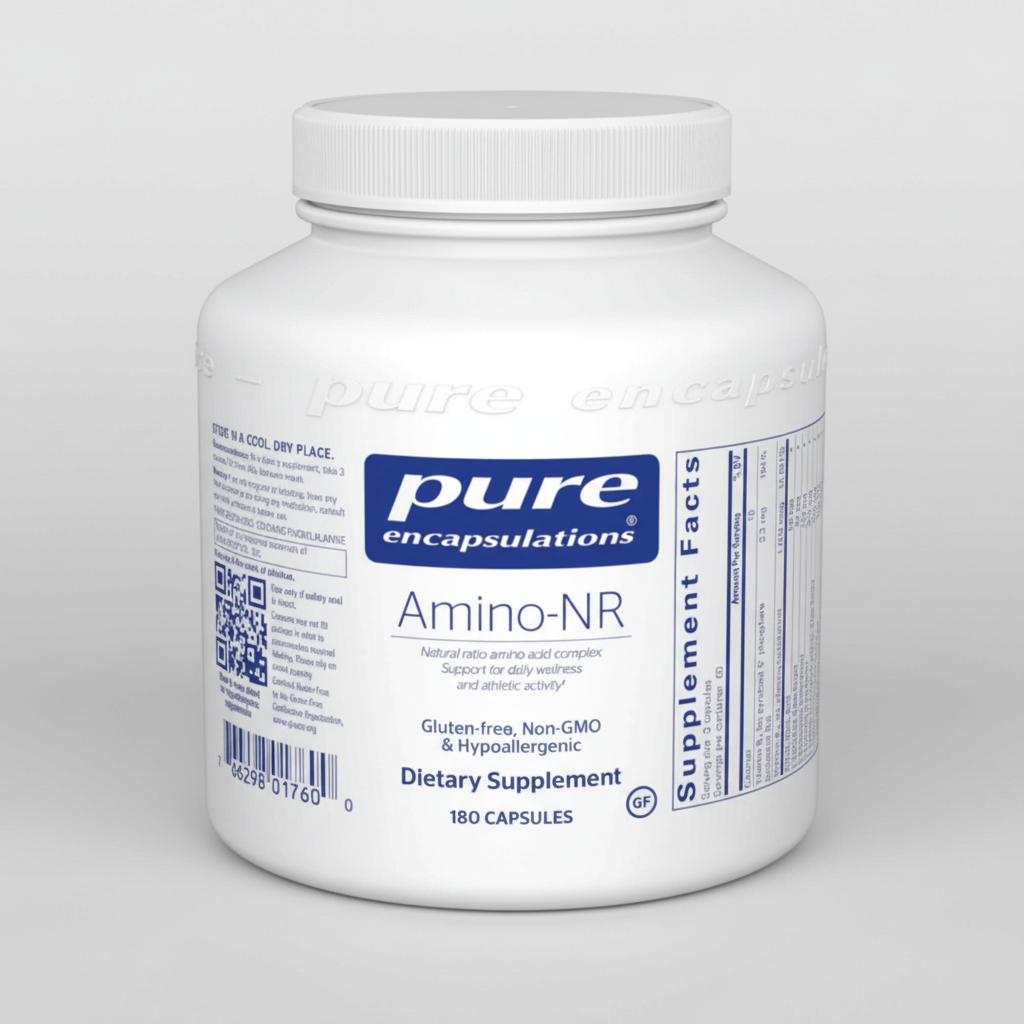 White supplement container labeled 'pure encapsulations Amino-NR' on a white background