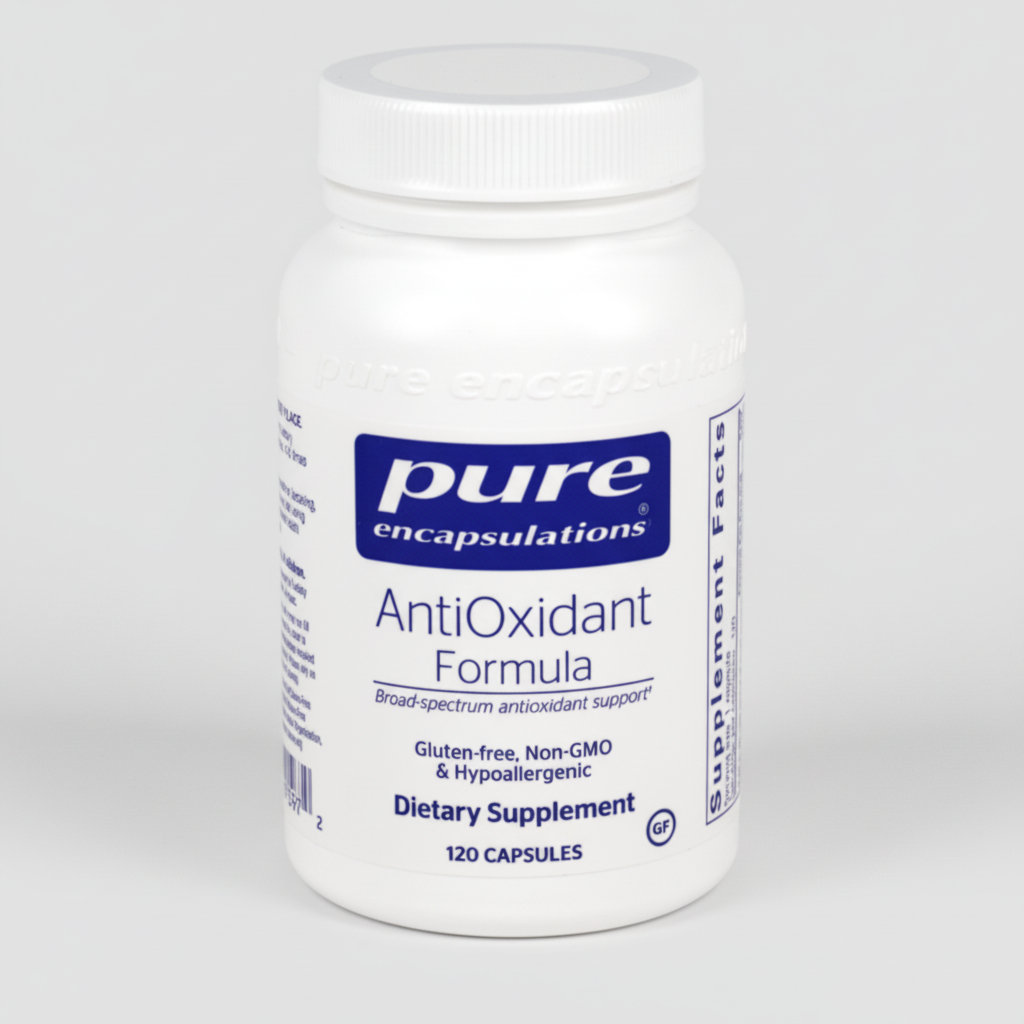 Supplement bottle labeled 'pure encapsulations AntiOxidant Formula' on a white background