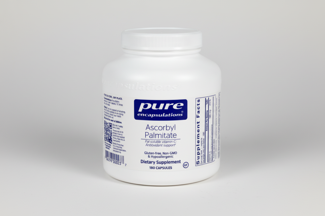 White supplement container labeled 'pure encapsulations' with 'Ascorbyl Palmitate' on a white background