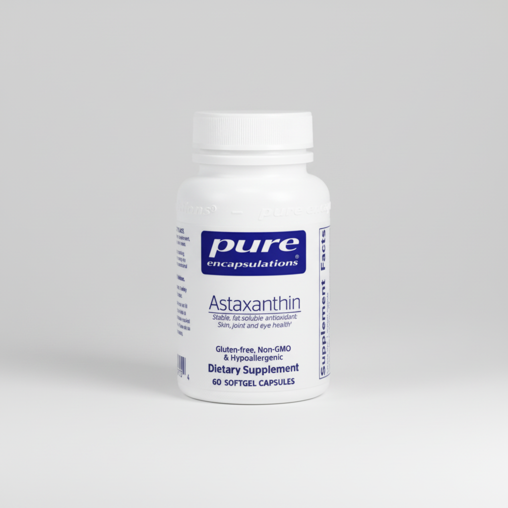 White supplement bottle labeled 'pure encapsulations Astaxanthin' on a white background