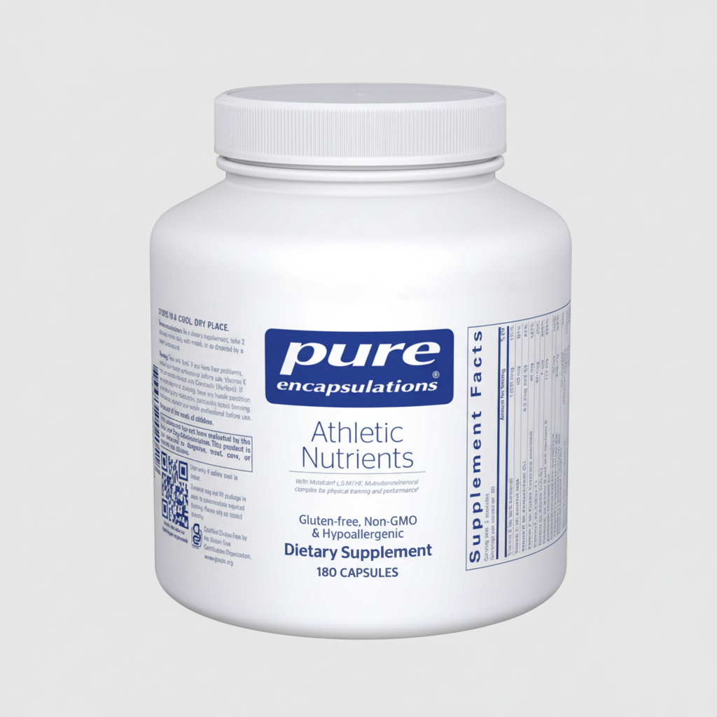 White supplement container labeled 'pure encapsulations Athletic Nutrients' on a white background