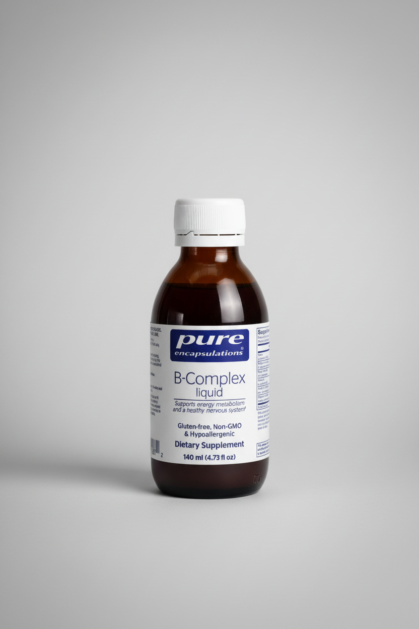 B-Complex liquid dietary supplement bottle with white cap on a white background