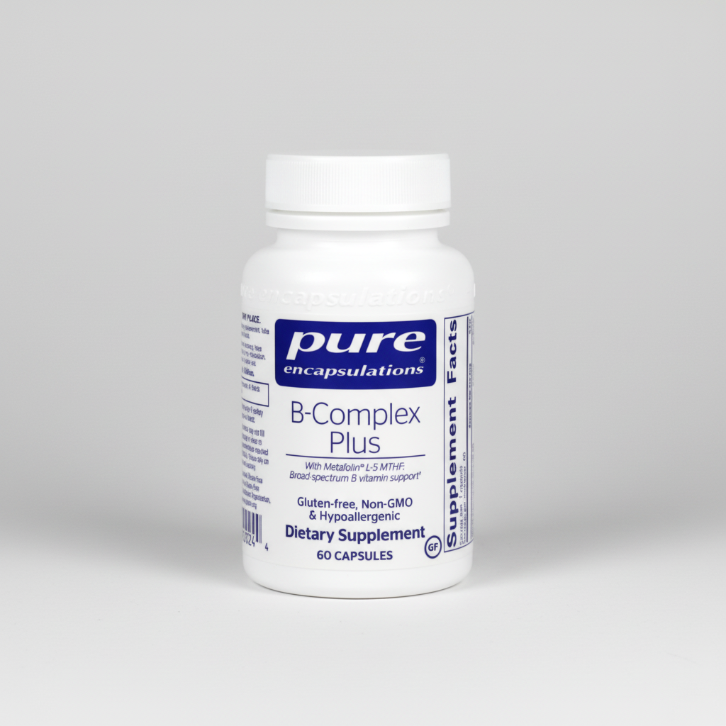 B-Complex Plus dietary supplement bottle from Pure Encapsulations on a white background