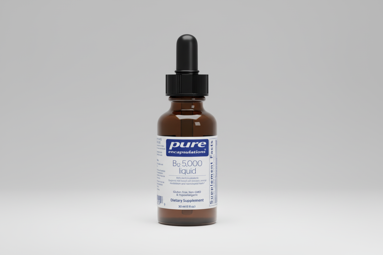 Brown glass bottle with dropper labeled 'pure encapsulations' on a white background