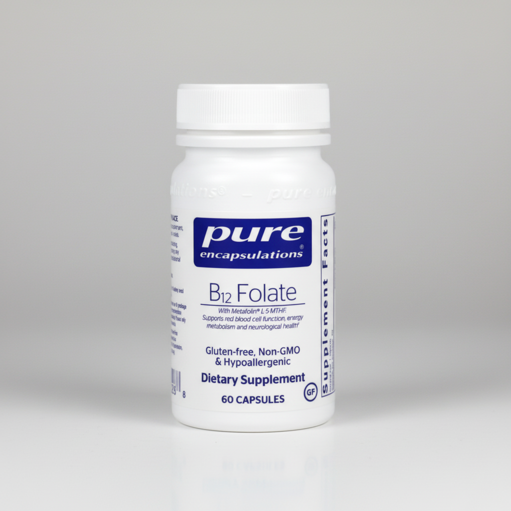 Bottle of Pure Encapsulations B12 Folate dietary supplement on a white background