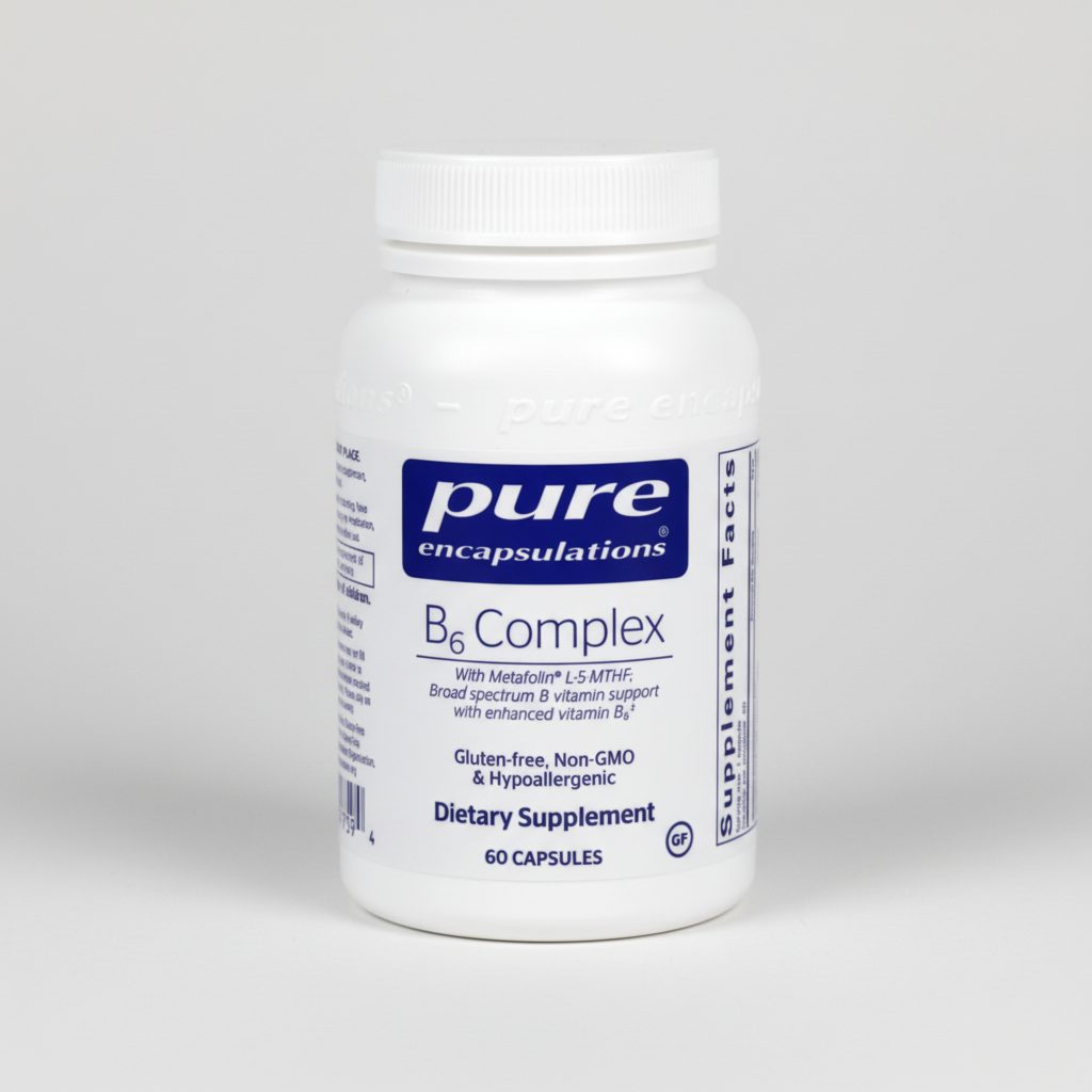 White supplement bottle labeled 'pure encapsulations B6 Complex' on a white background