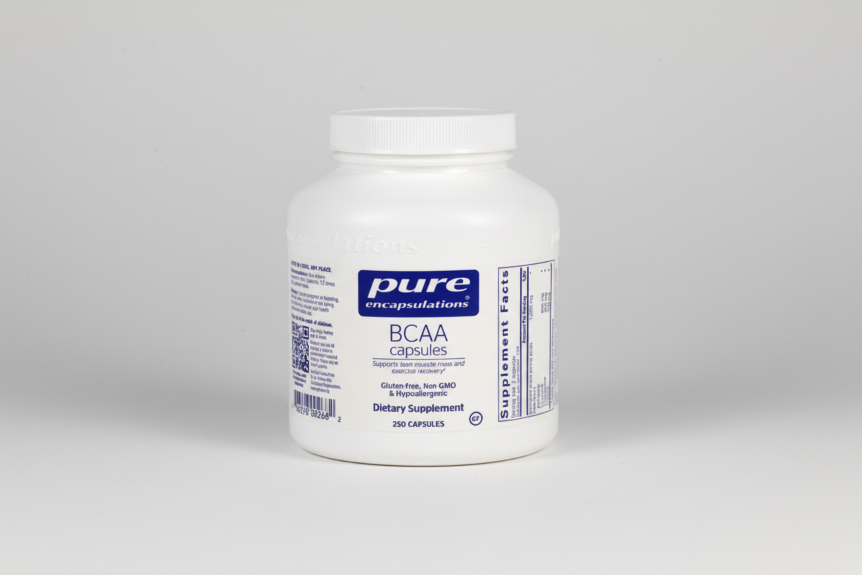 White container of Pure Encapsulations BCAA capsules on a white background