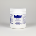 Container of pure encapsulations BCAA powder on a white background
