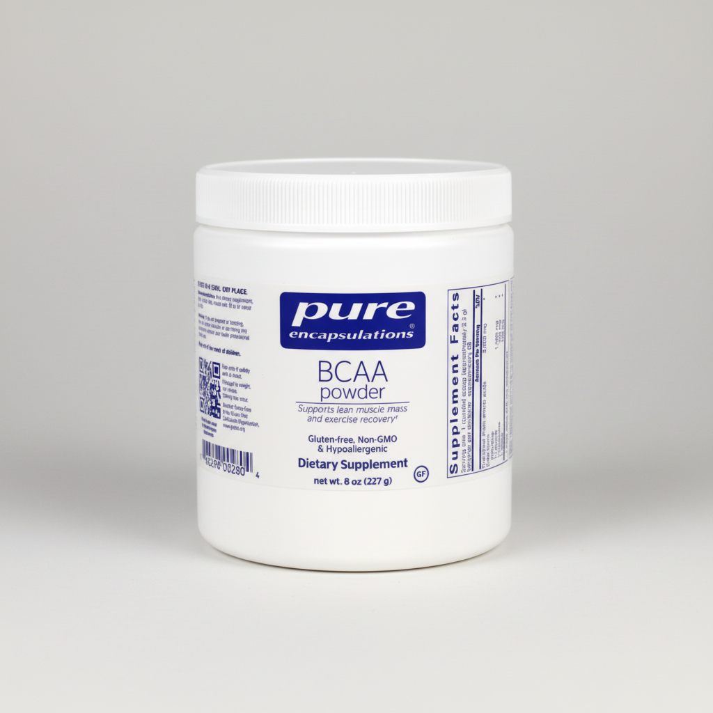 Container of pure encapsulations BCAA powder on a white background