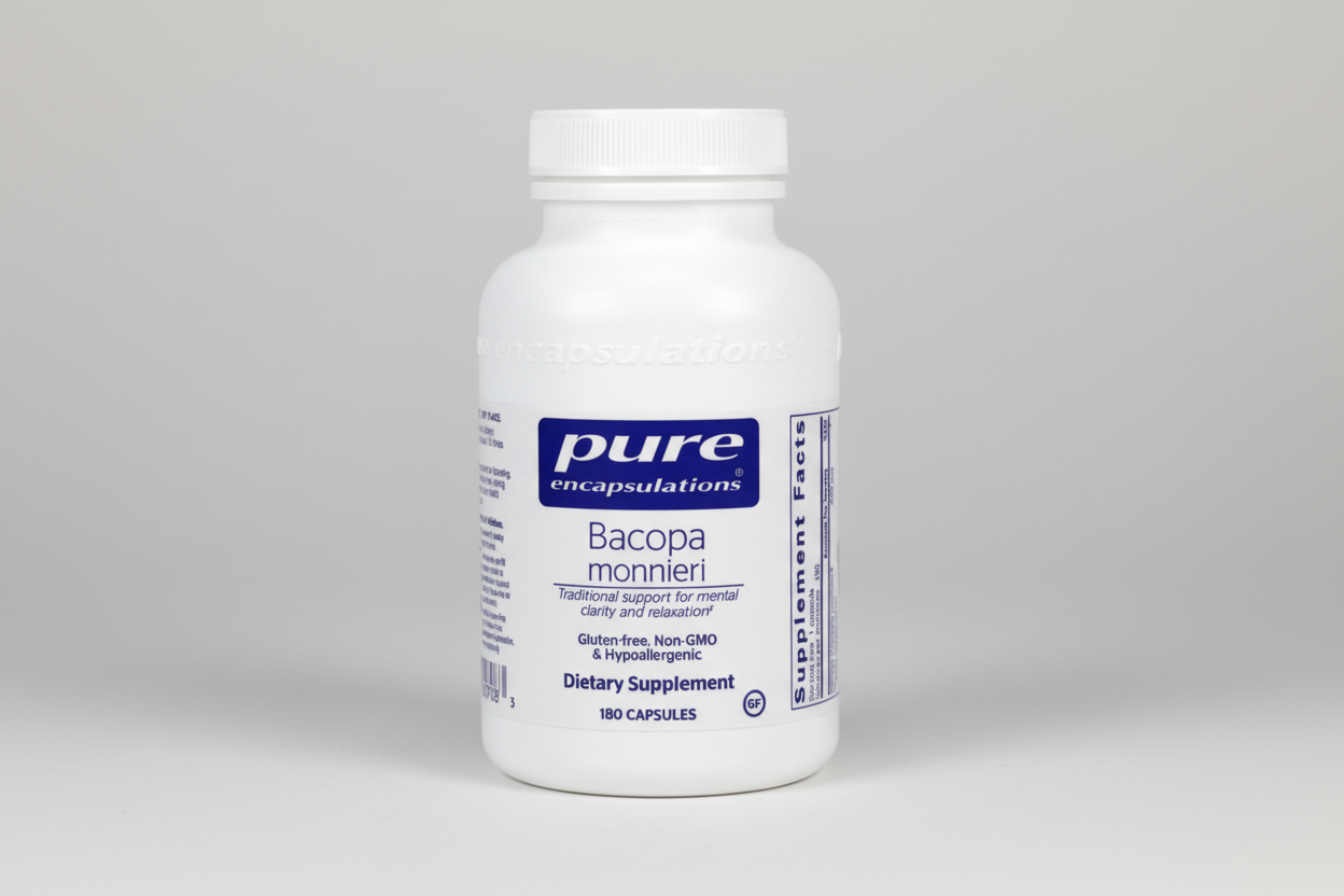 Bottle of Pure Encapsulations Bacopa monnieri dietary supplement on a white background