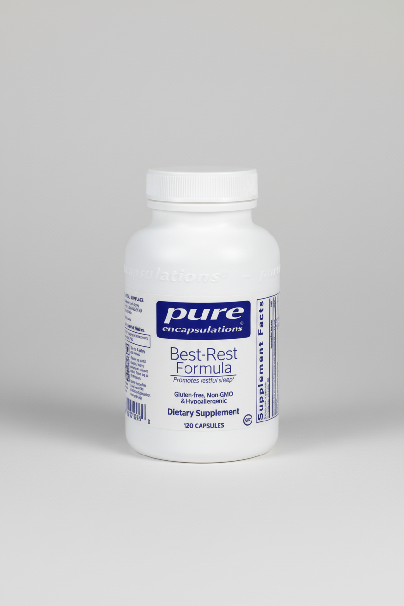 Supplement bottle labeled 'Best-Rest Formula' by Pure Encapsulations on a white background