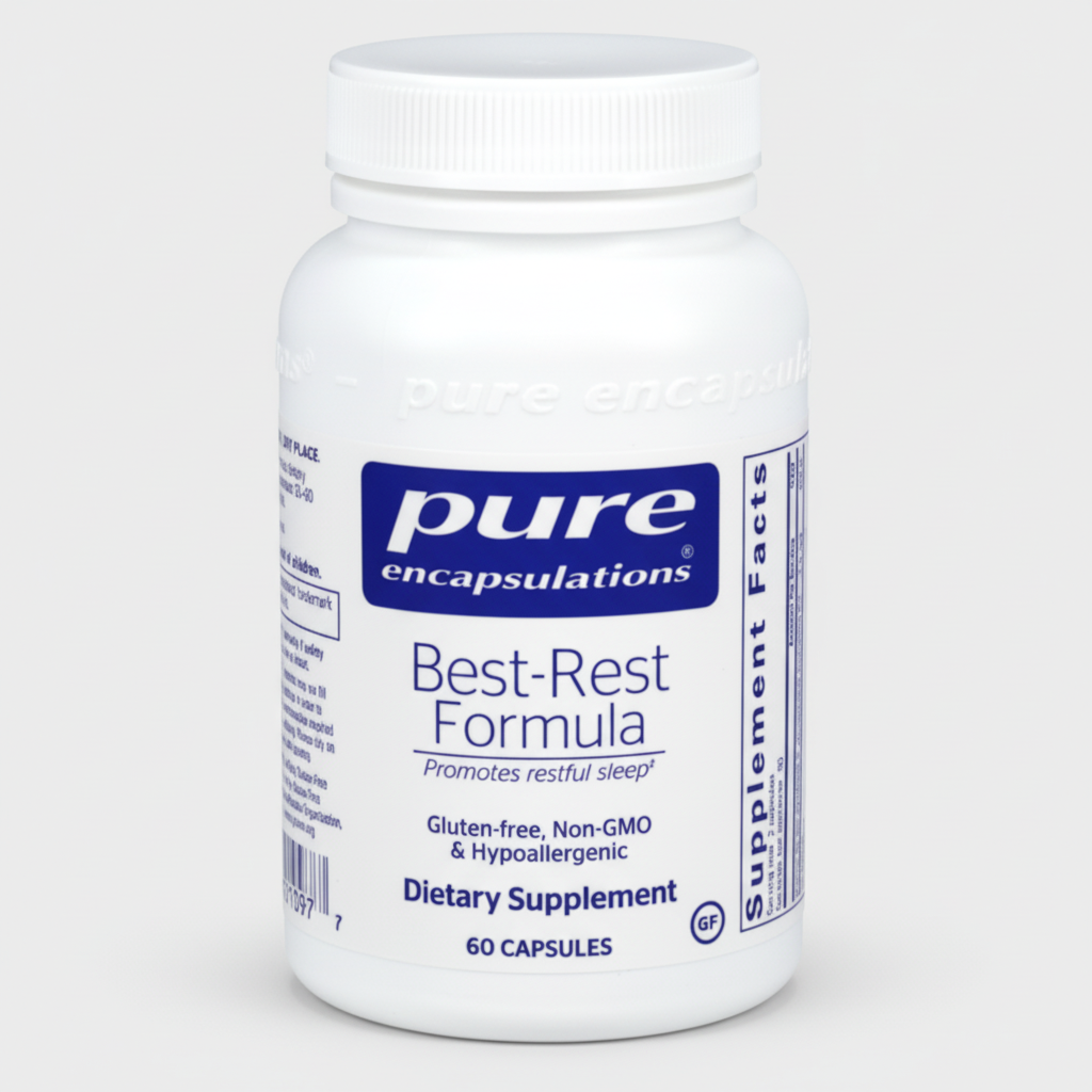 White supplement bottle labeled 'pure encapsulations Best-Rest Formula' on a white background